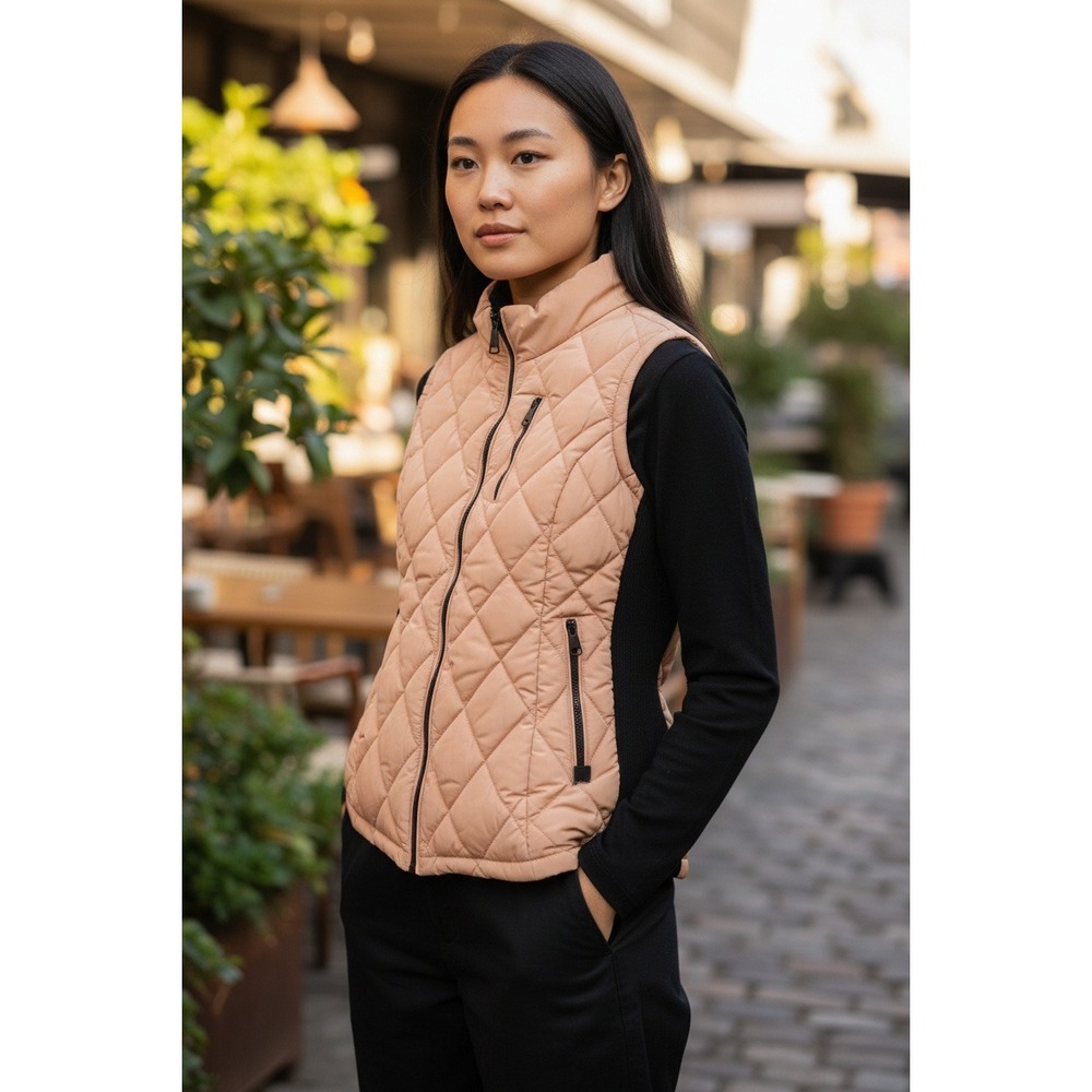 Calvin Klein Women Quilted Vest Beige Black Zip Pockets Rib Knit‎ Sides Size S